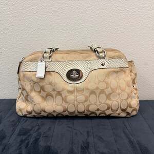 Coach Kristin Double Zip Satchel Cream Khaki Snake Embossed Trim Handbag Purse